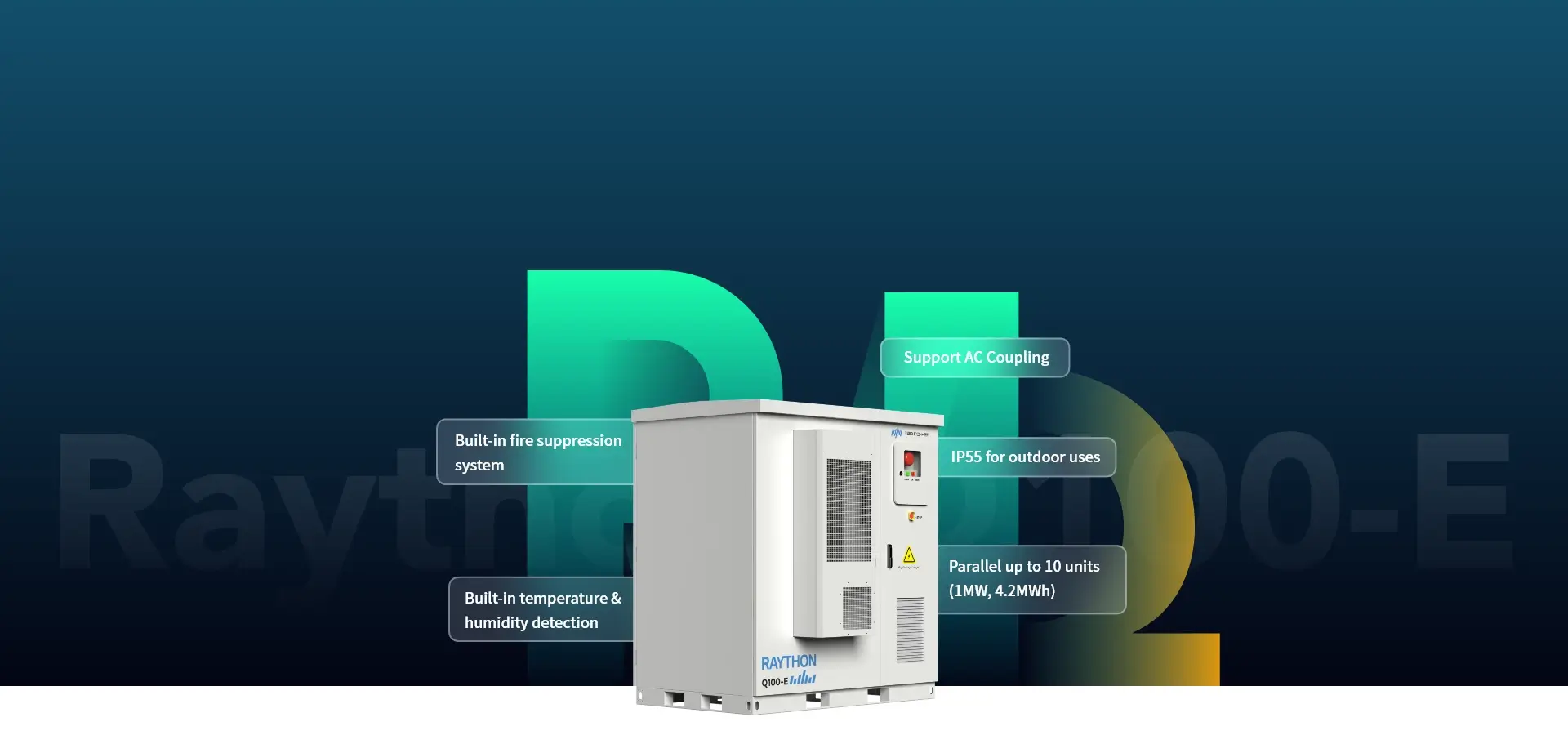 product features of the Raython Q100-e all-in-one ESS for mini-grid & Industrial and commercial energy storage applications